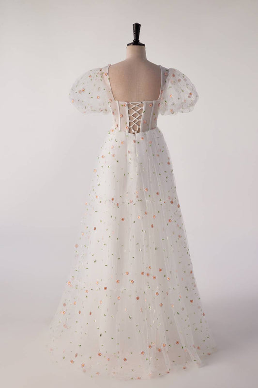 Short Sleeves White Floral Long Formal Gown