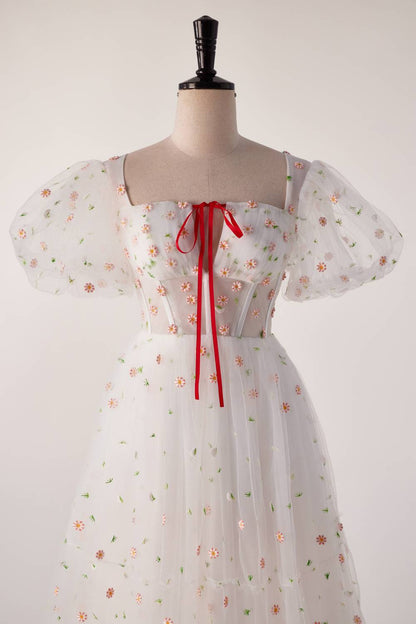 Short Sleeves White Floral Long Formal Gown