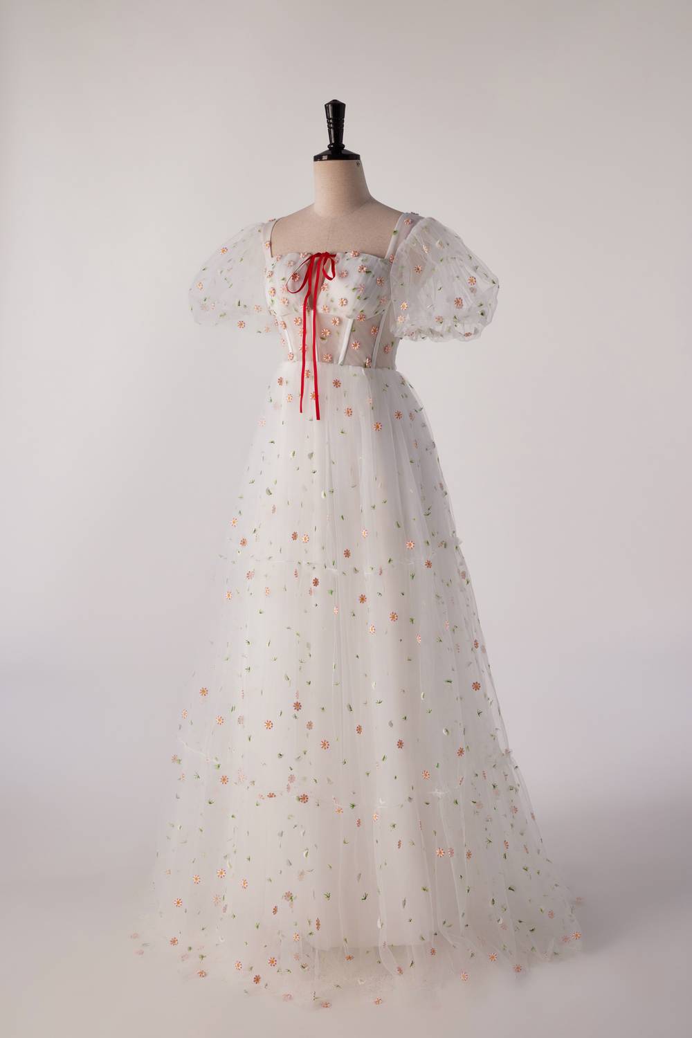 Short Sleeves White Floral Long Formal Gown