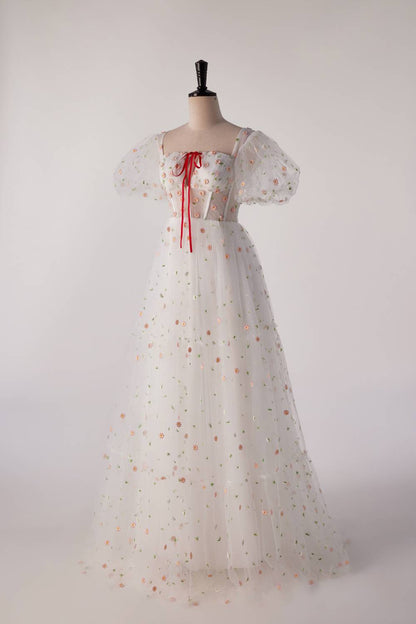 Short Sleeves White Floral Long Formal Gown