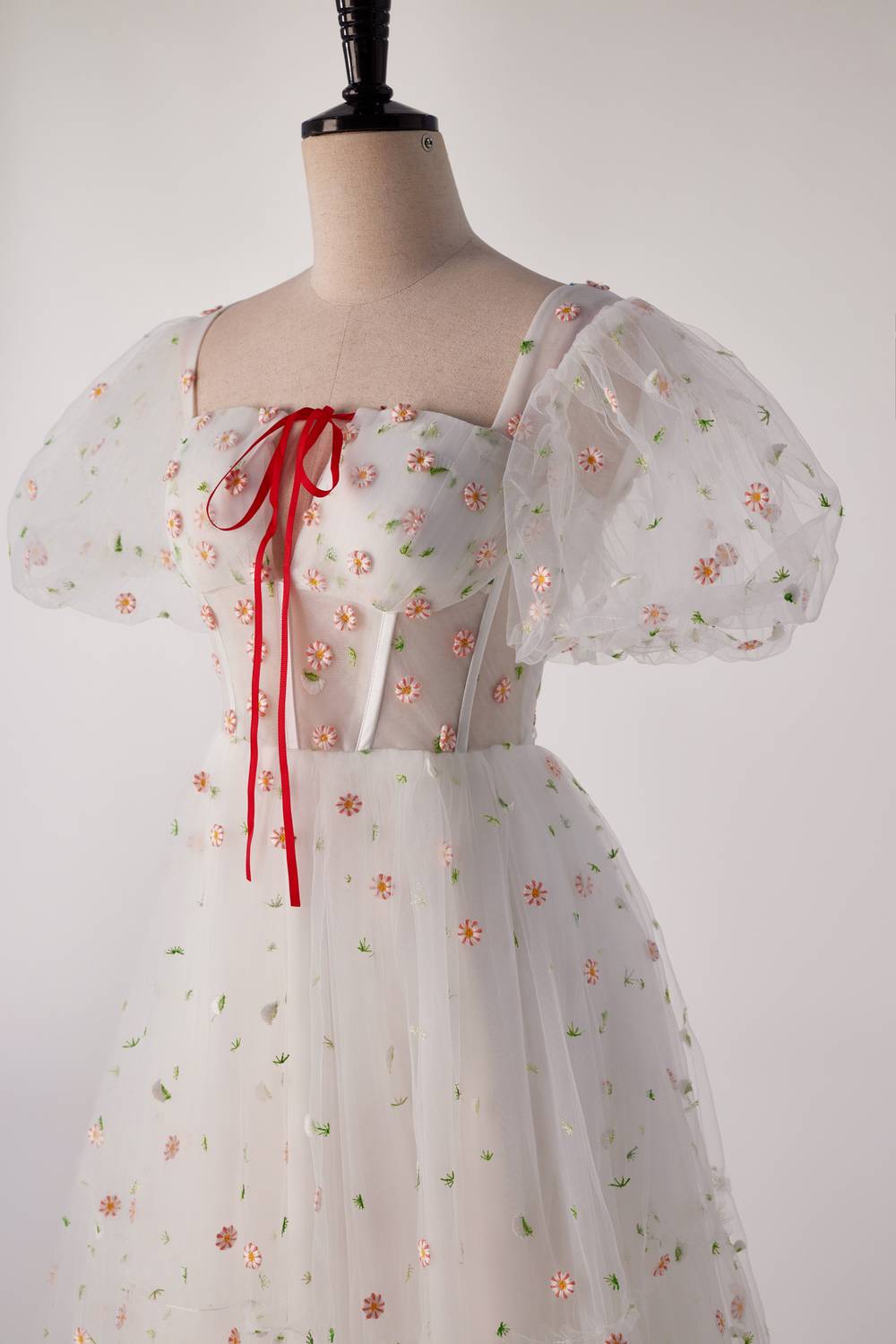Short Sleeves White Floral Long Formal Gown