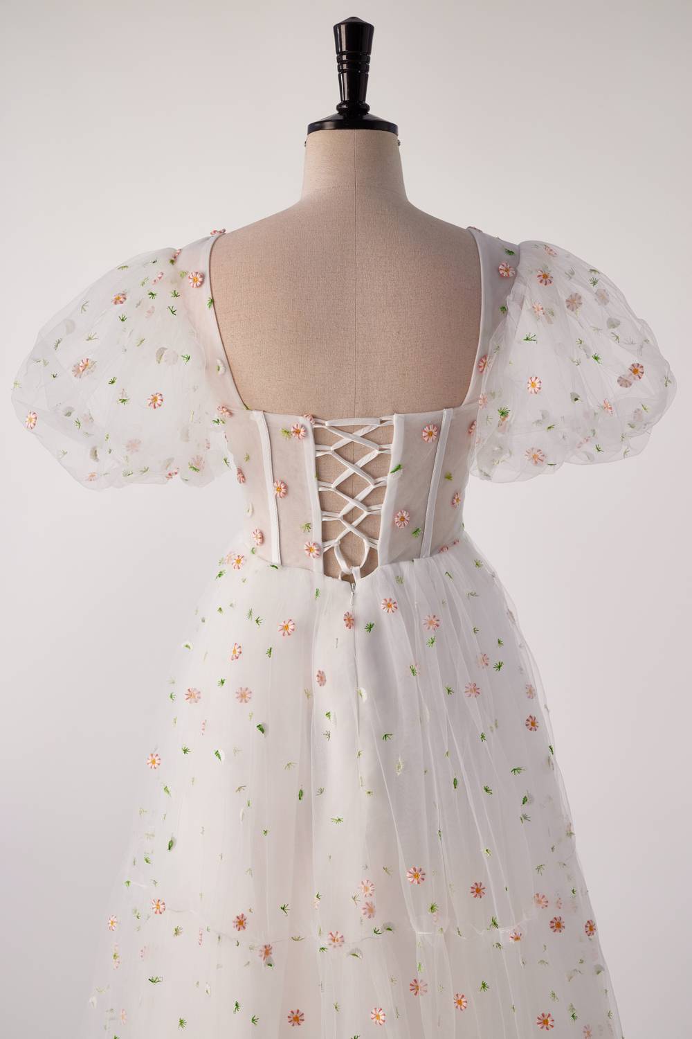 Short Sleeves White Floral Long Formal Gown