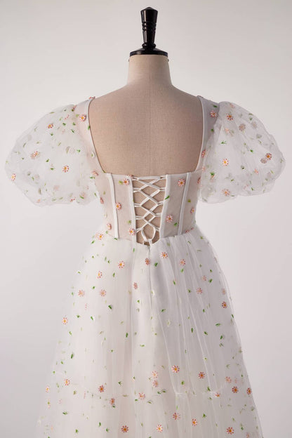 Short Sleeves White Floral Long Formal Gown