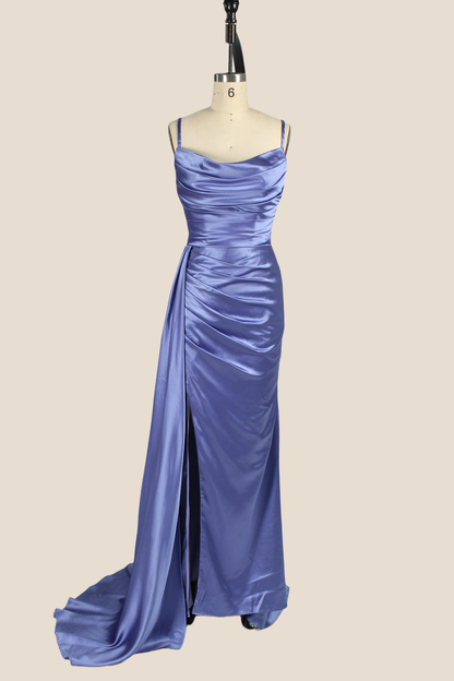 Smoky Blue Ruched Long Dress with Slit