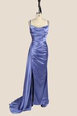 Smoky Blue Ruched Long Dress with Slit
