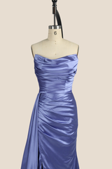 Smoky Blue Ruched Long Dress with Slit