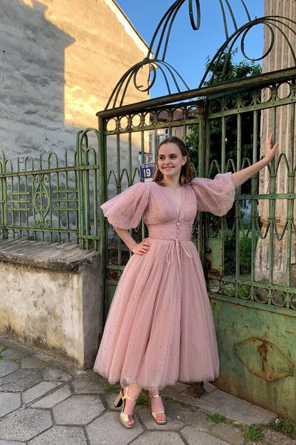 Red Puffy Sleeves Glitters Tea Length Dress