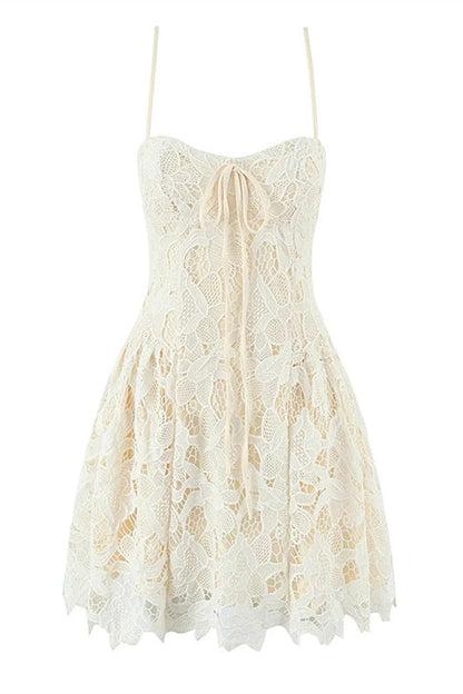 Spaghetti Straps Apricot Lace A-line Short Dress