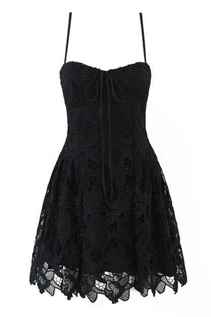 Spaghetti Straps Apricot Lace A-line Short Dress