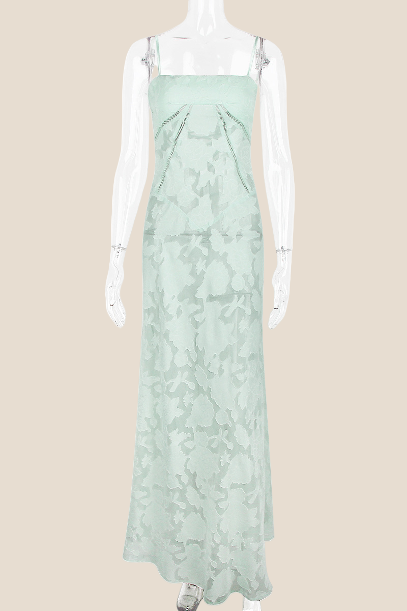 Spaghetti Straps Green Lace A-line Long Dress