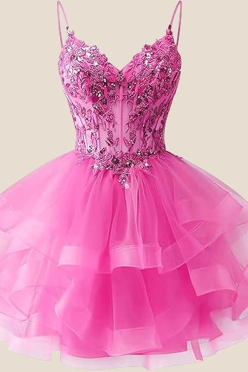 Spaghetti Straps Lilac Appliques Tiered Short Dress