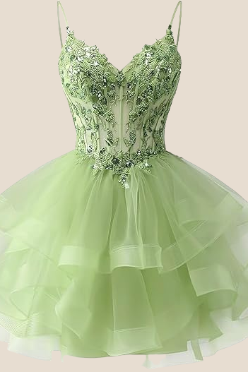 Spaghetti Straps Lilac Appliques Tiered Short Dress