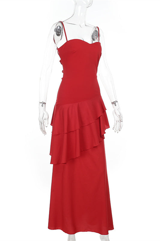 Straps Fuchsia Chiffon Tiered Maxi Dress