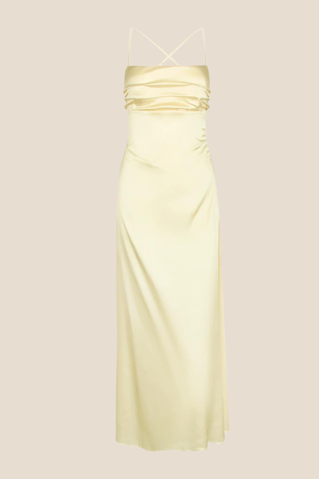 Spaghetti Straps Fuchsia Satin Back Tie Long Dress