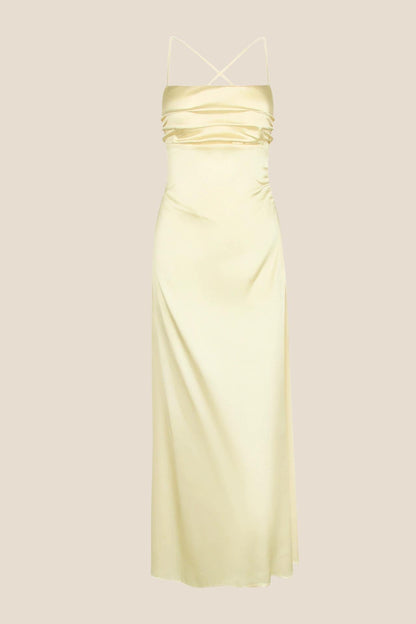 Spaghetti Straps Fuchsia Satin Back Tie Long Dress