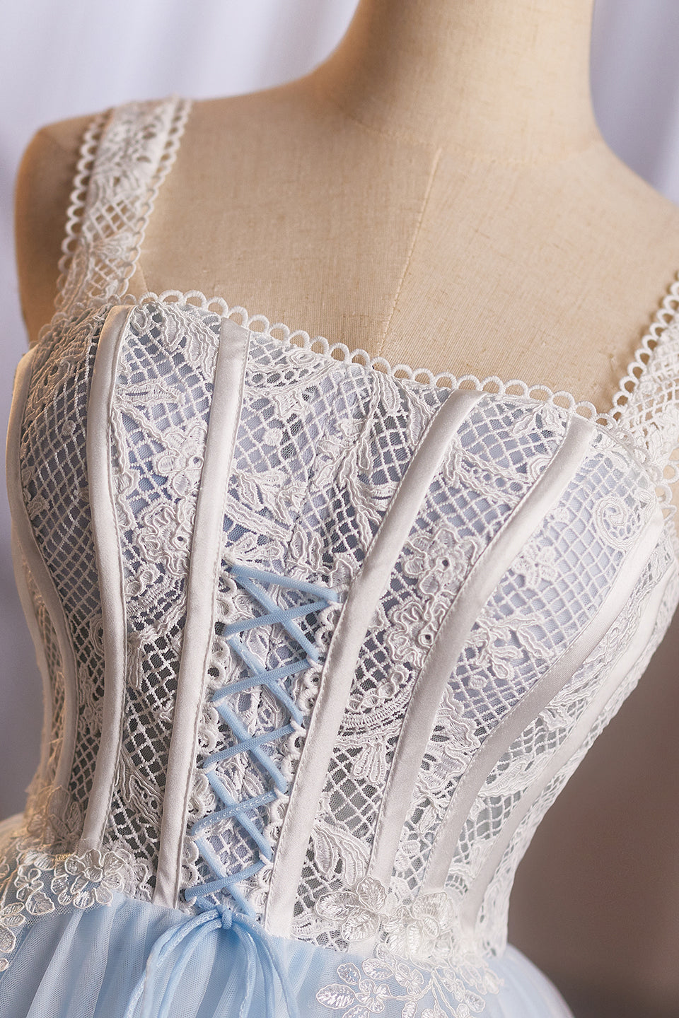 Square Neck Blue Lace Stitching Short Dress