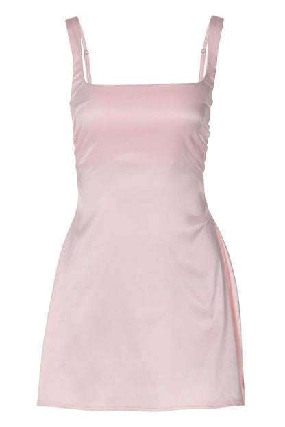 Square Neck Pink A-line Satin Short Dress