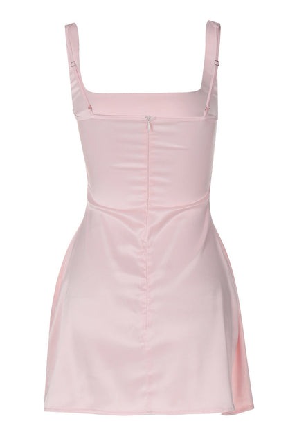 Square Neck Pink A-line Satin Short Dress