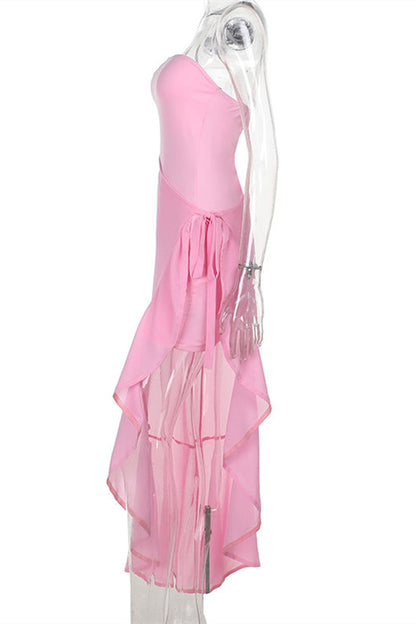 Square Neck Pink Ruffled Hem Long Dress