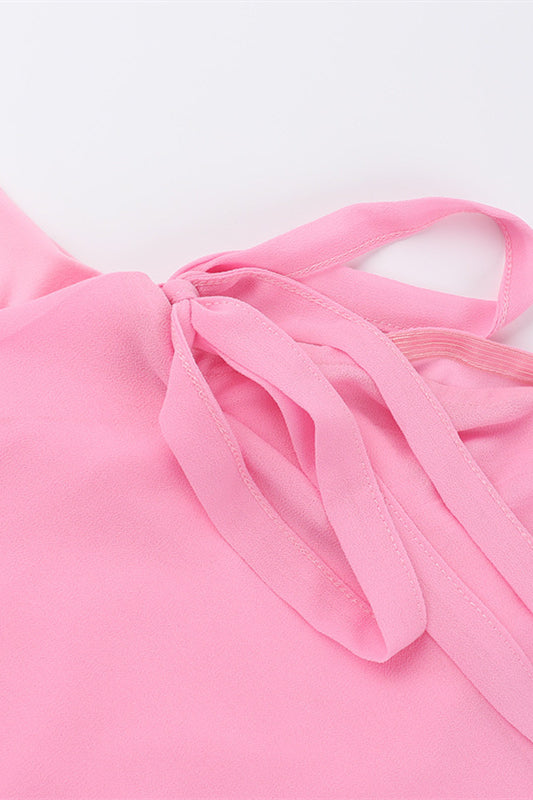 Square Neck Pink Ruffled Hem Long Dress