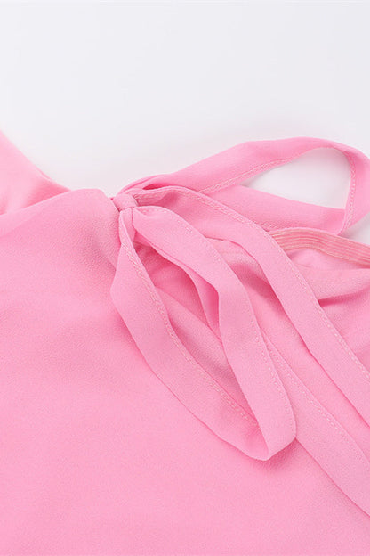 Square Neck Pink Ruffled Hem Long Dress