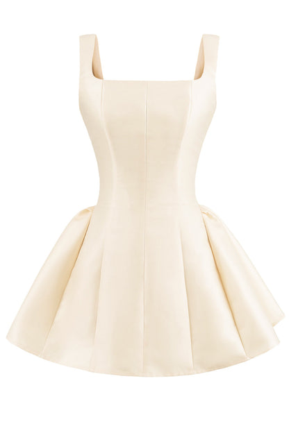 Square Neck Red Pleated A-line Short Dress