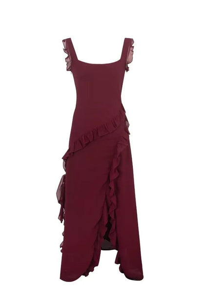 Square Collar Blue Ruffle Long Dress with Slit