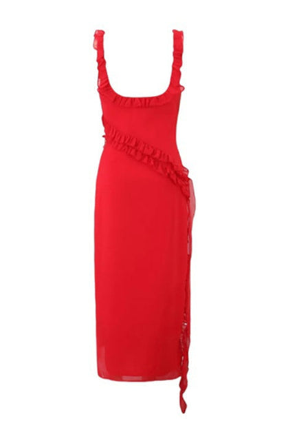 Square Collar Wine Red Ruffle Long Dress with Slit