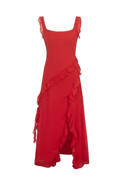 Square Collar Wine Red Ruffle Long Dress with Slit
