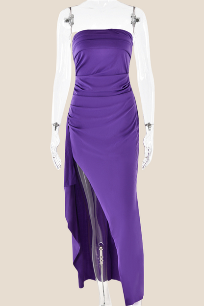 Strapless Black Ruched Long Dress with Slit