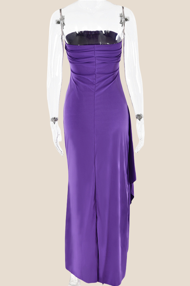 Strapless Black Ruched Long Dress with Slit