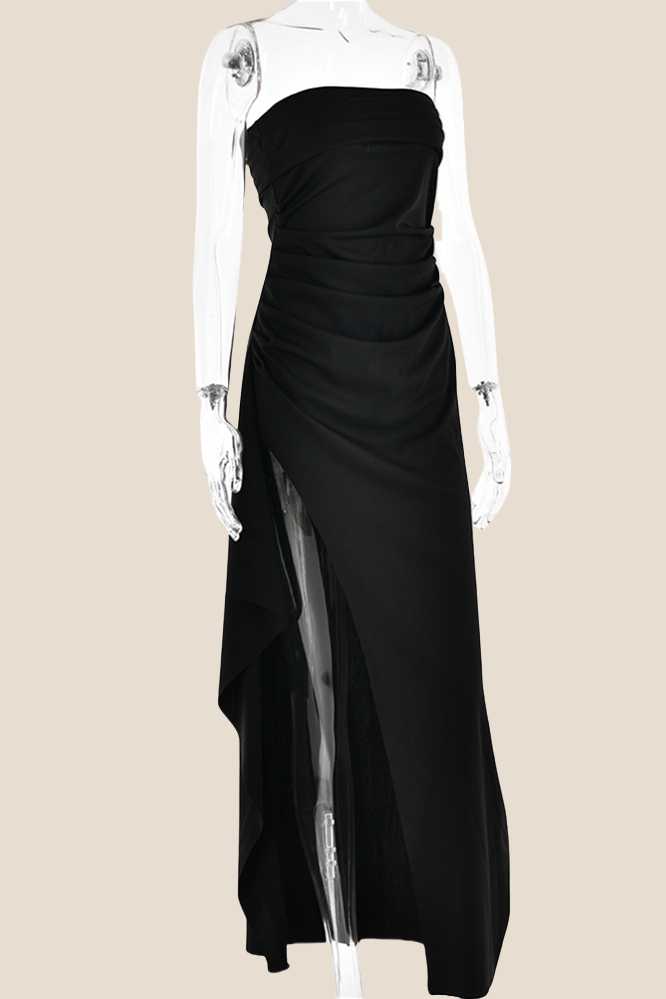 Strapless Black Ruched Long Dress with Slit