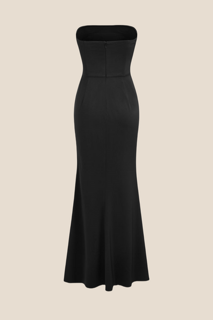 Strapless Black Ruched Long Dress with Slit