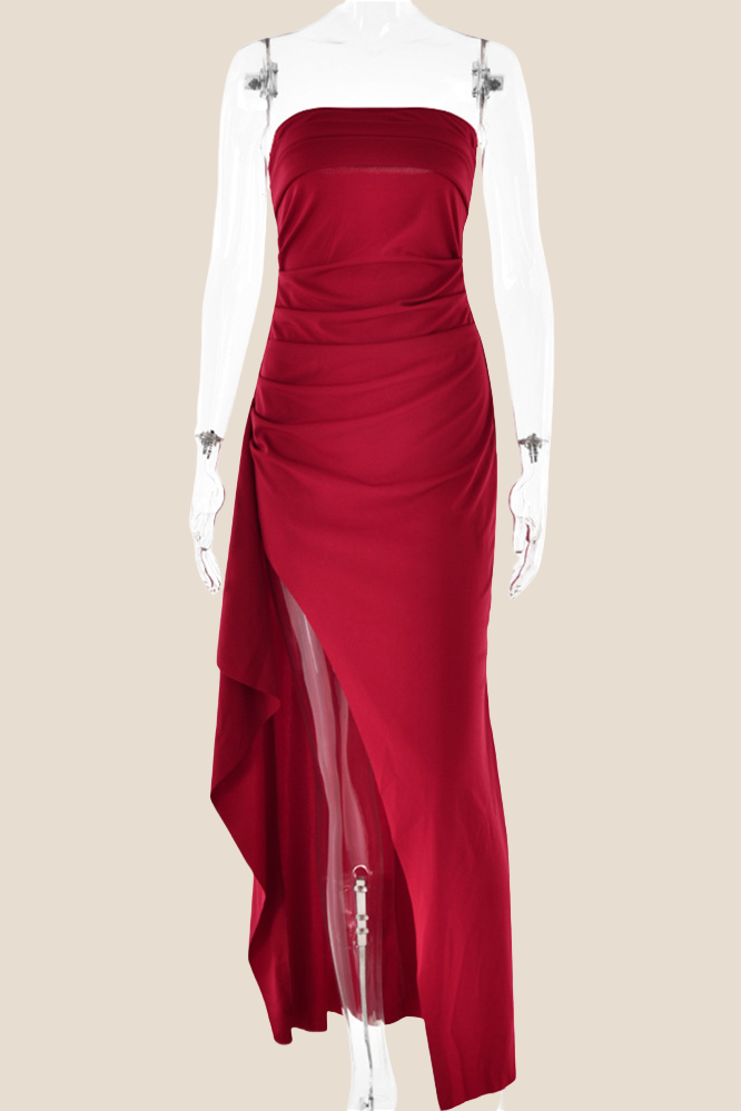 Strapless Black Ruched Long Dress with Slit