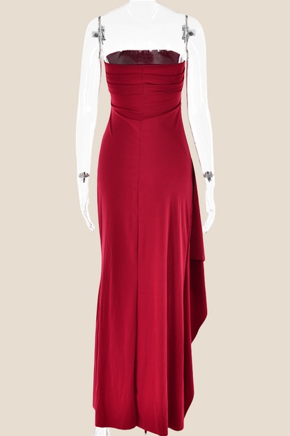 Strapless Black Ruched Long Dress with Slit