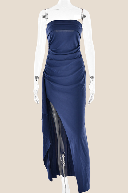 Strapless Black Ruched Long Dress with Slit
