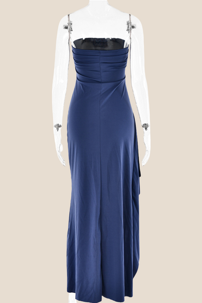 Strapless Black Ruched Long Dress with Slit