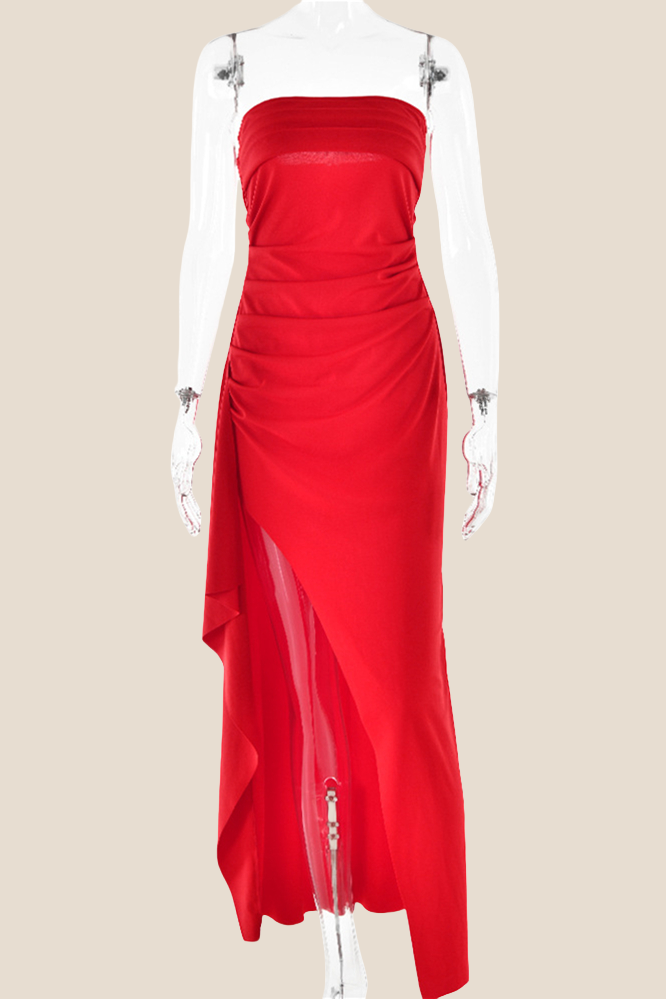 Strapless Black Ruched Long Dress with Slit