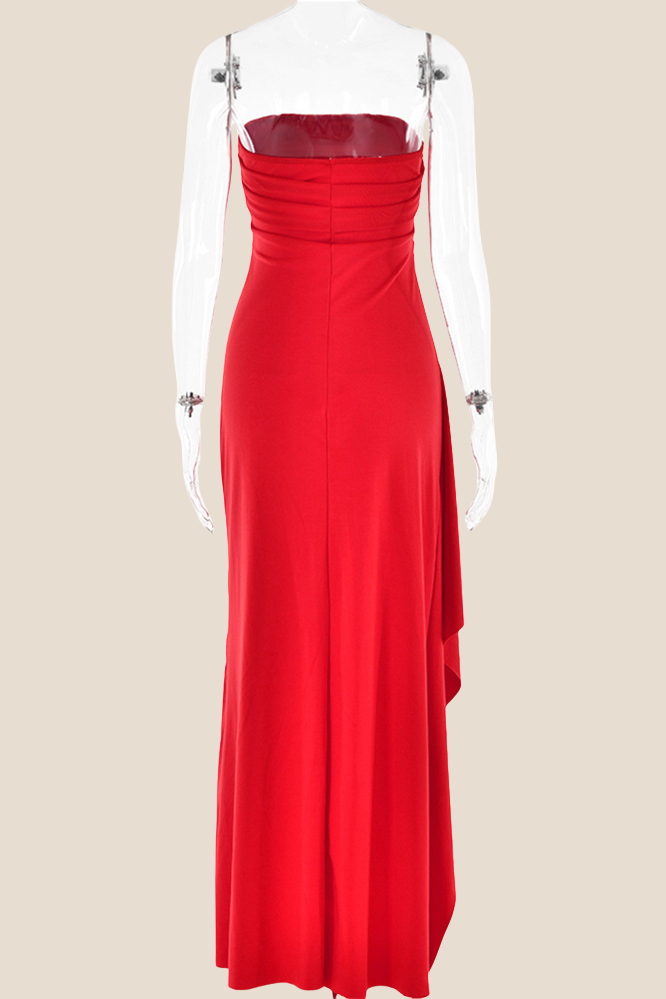 Strapless Black Ruched Long Dress with Slit