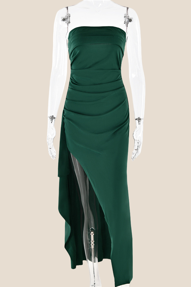 Strapless Black Ruched Long Dress with Slit