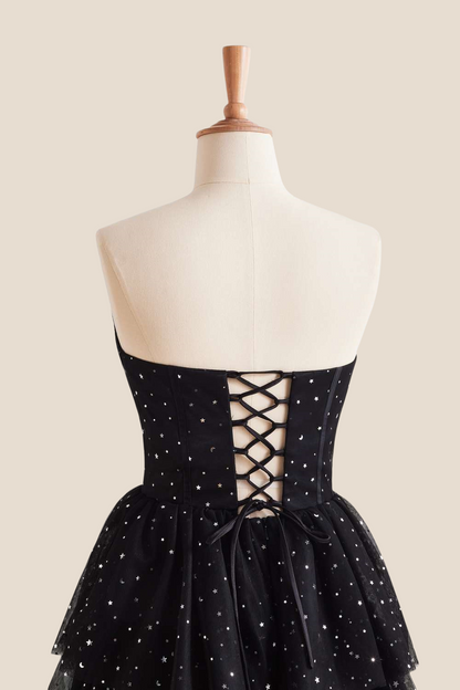 Strapless Black Stars Tiered Tulle Long Dress