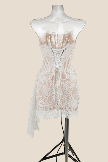 Strapless Black Tight Lace Short Dress with Train