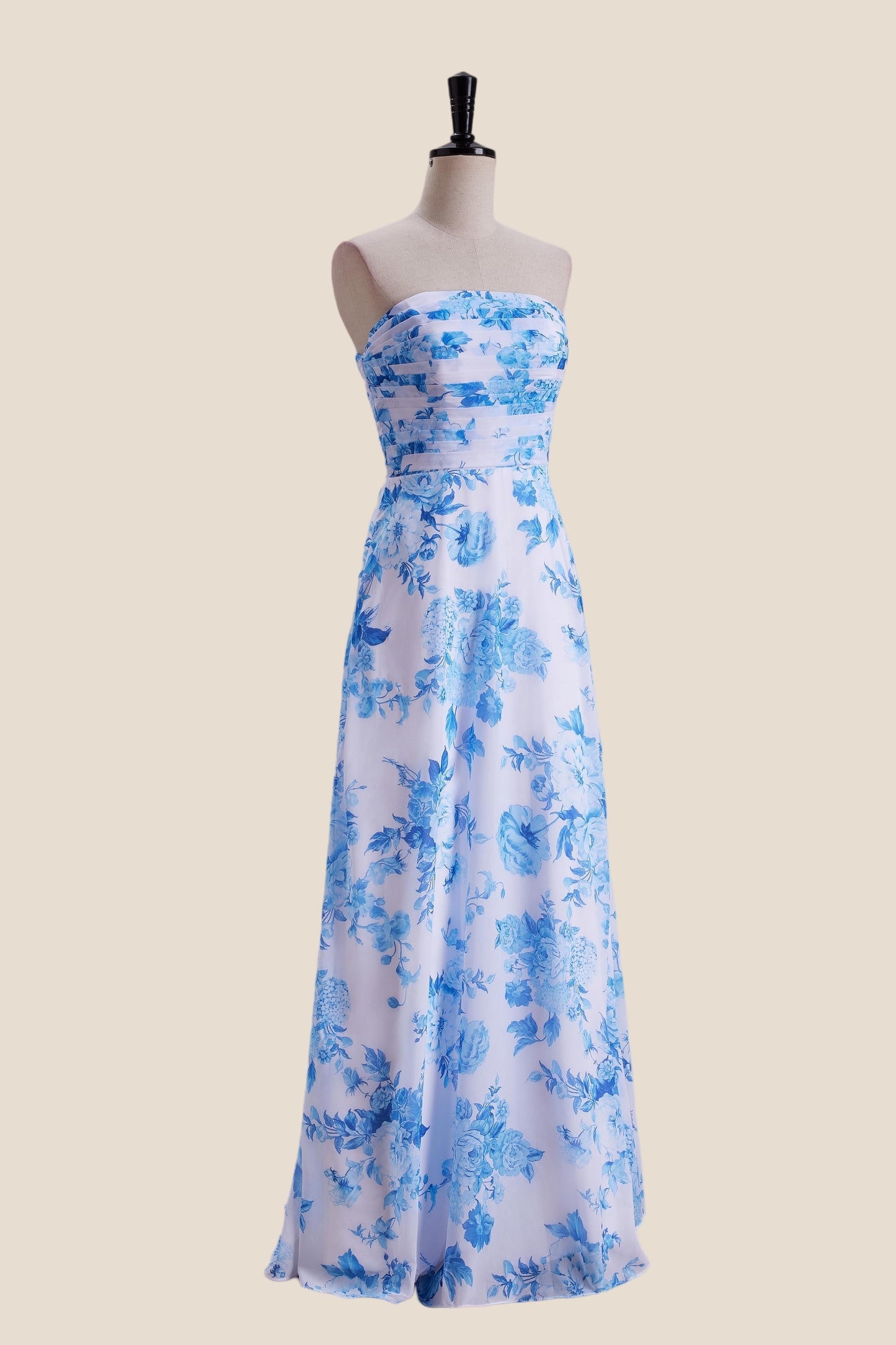 Strapless Blue Floral Print Pleated Long Dress