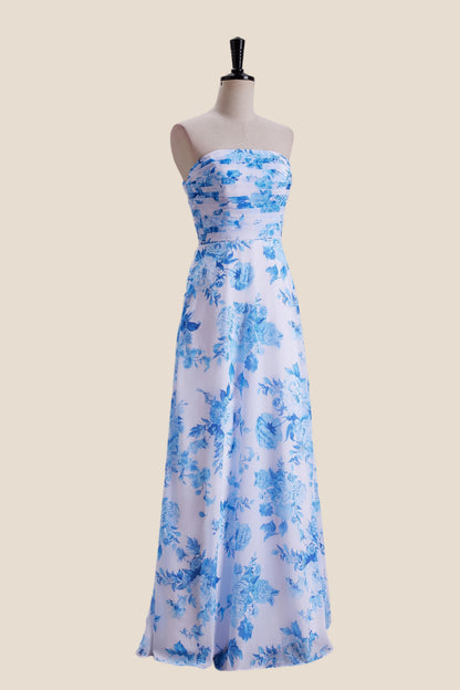 Strapless Blue Floral Print Pleated Long Dress