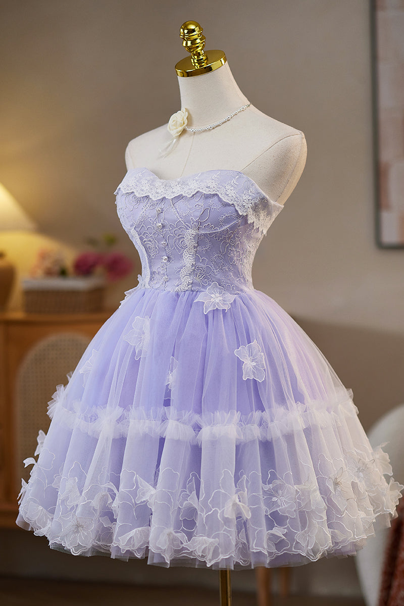 Strapless avender 3D Floral A-line Short Dress