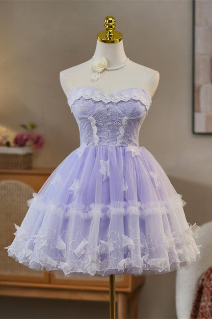 Strapless avender 3D Floral A-line Short Dress