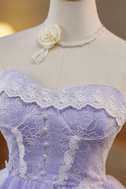 Strapless avender 3D Floral A-line Short Dress
