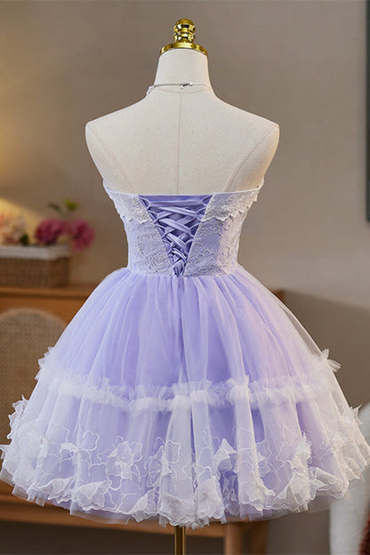 Strapless avender 3D Floral A-line Short Dress