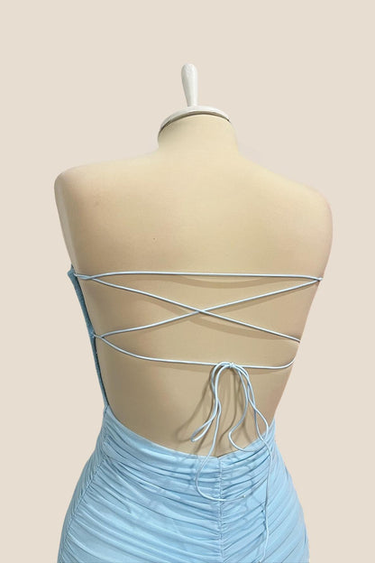 Strapless Blue Bodycon Lace-up Short Dress