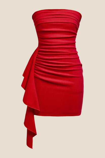 Strapless Burgundy Bodycon Short Dress with Train
